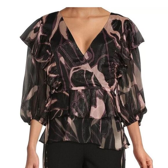 NWT TED BAKER JASMYNA RUFFLE-NECK TOP TIE-WAIST ABSTRACT BLACK MULTI TED SIZE 3 - Picture 1 of 13
